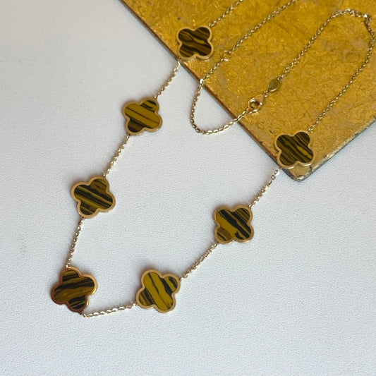 14KT Yellow Gold Tiger's Eye 14mm Clover Station Necklace