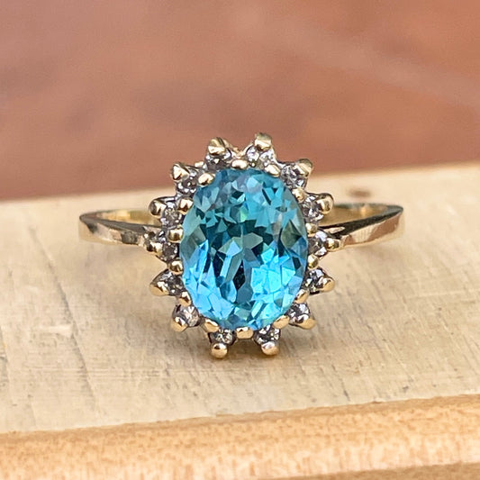 Estate 10KT Yellow Gold Oval Blue Topaz + Diamond Halo Ring