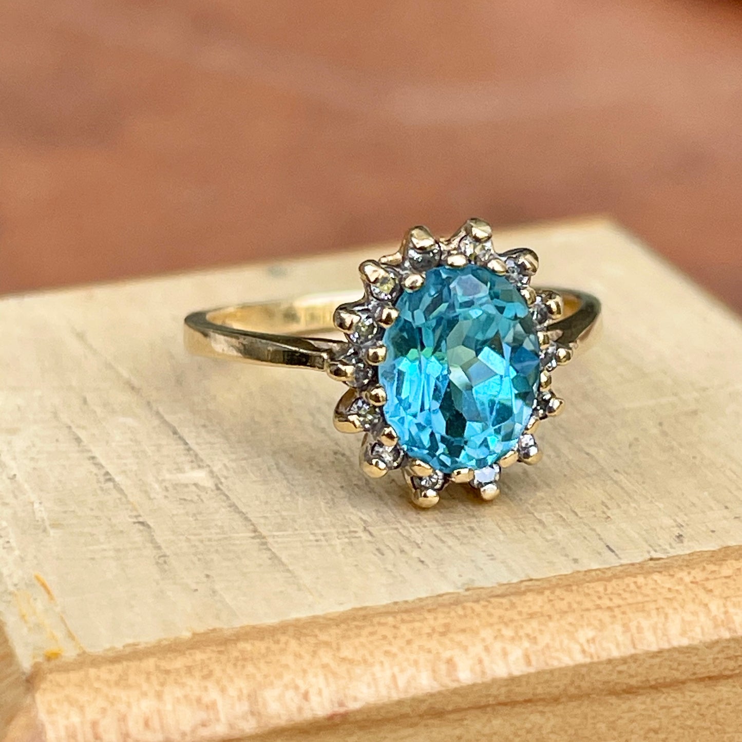 Estate 10KT Yellow Gold Oval Blue Topaz + Diamond Halo Ring