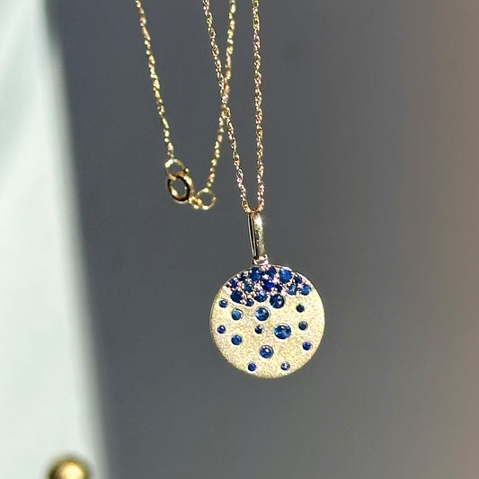 14KT Yellow Gold Scattered Sapphire Burnished Gypsy Set Disc Pendant Necklace
