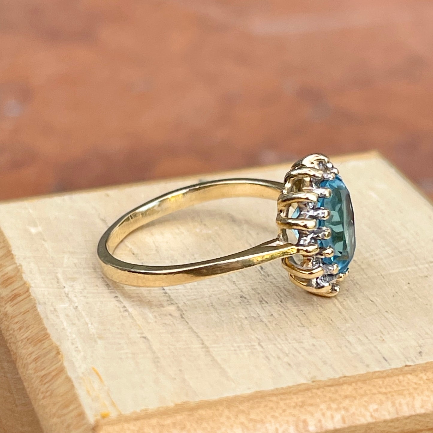 Estate 10KT Yellow Gold Oval Blue Topaz + Diamond Halo Ring