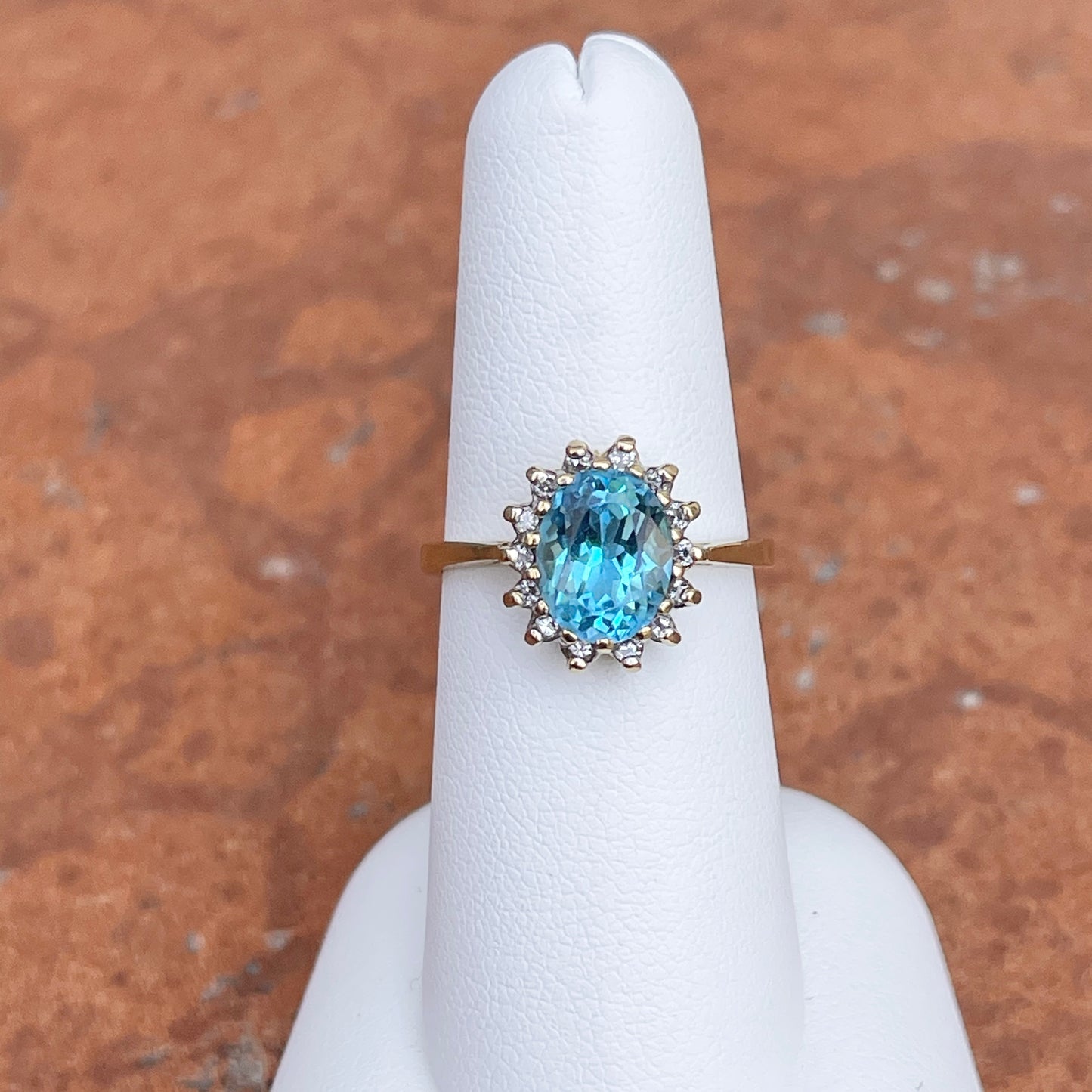 Estate 10KT Yellow Gold Oval Blue Topaz + Diamond Halo Ring