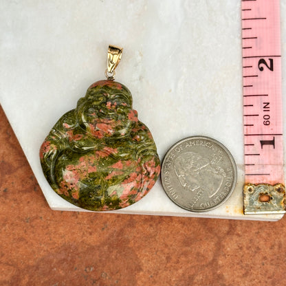 14KT Yellow Gold Carved Genuine Unakite Agate Buddha Pendant 40mm - LSJ