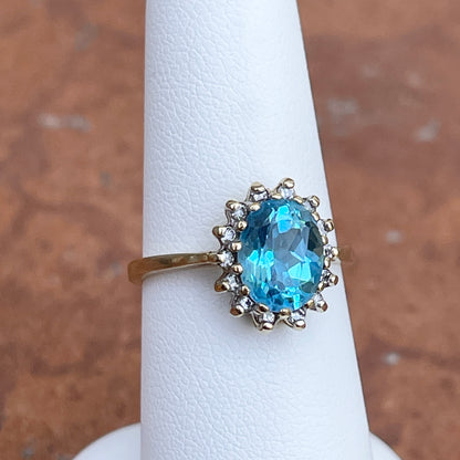 Estate 10KT Yellow Gold Oval Blue Topaz + Diamond Halo Ring