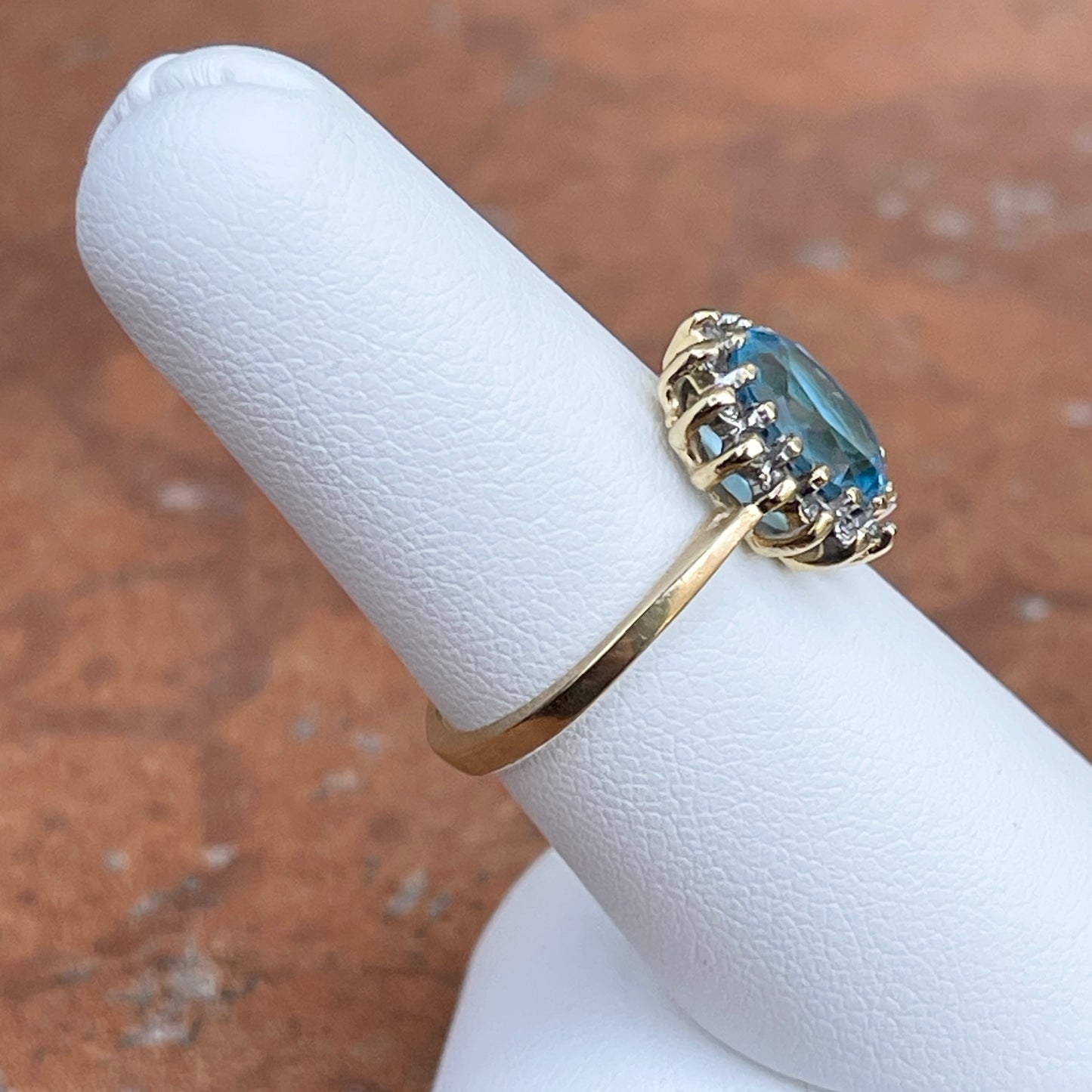 Estate 10KT Yellow Gold Oval Blue Topaz + Diamond Halo Ring