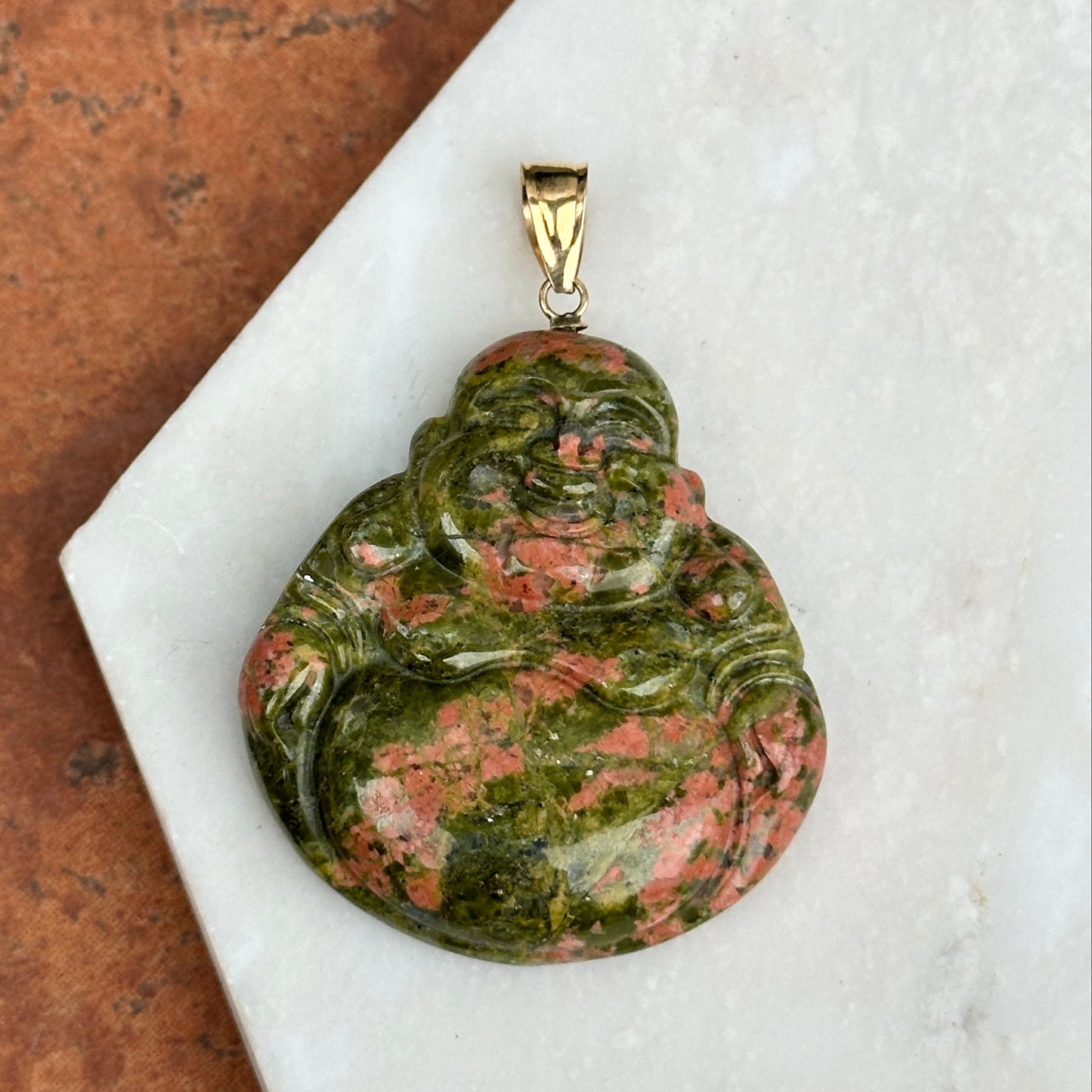 14KT Yellow Gold Carved Genuine Unakite Agate Buddha Pendant 40mm - LSJ