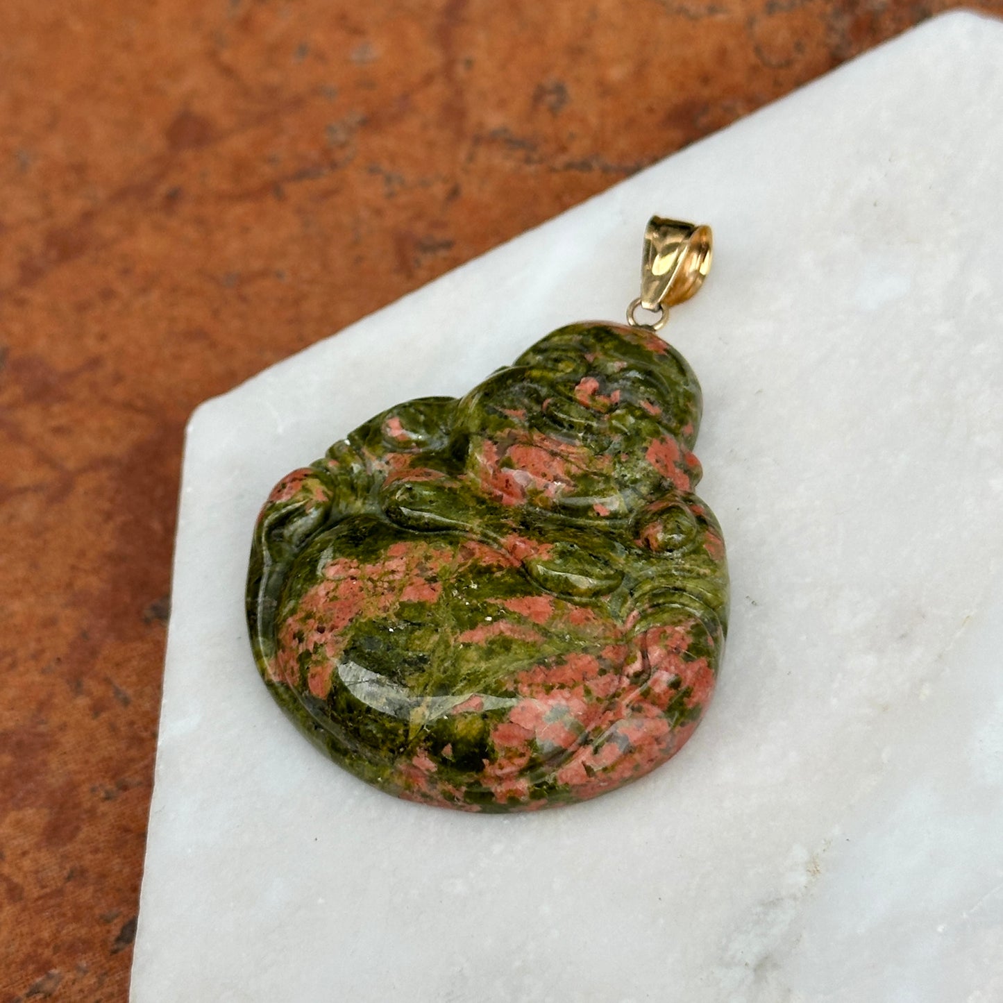 14KT Yellow Gold Carved Genuine Unakite Agate Buddha Pendant 40mm - LSJ