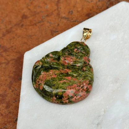 14KT Yellow Gold Carved Genuine Unakite Agate Buddha Pendant 40mm - LSJ