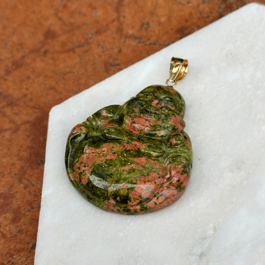 14KT Yellow Gold Carved Genuine Unakite Agate Buddha Pendant 40mm