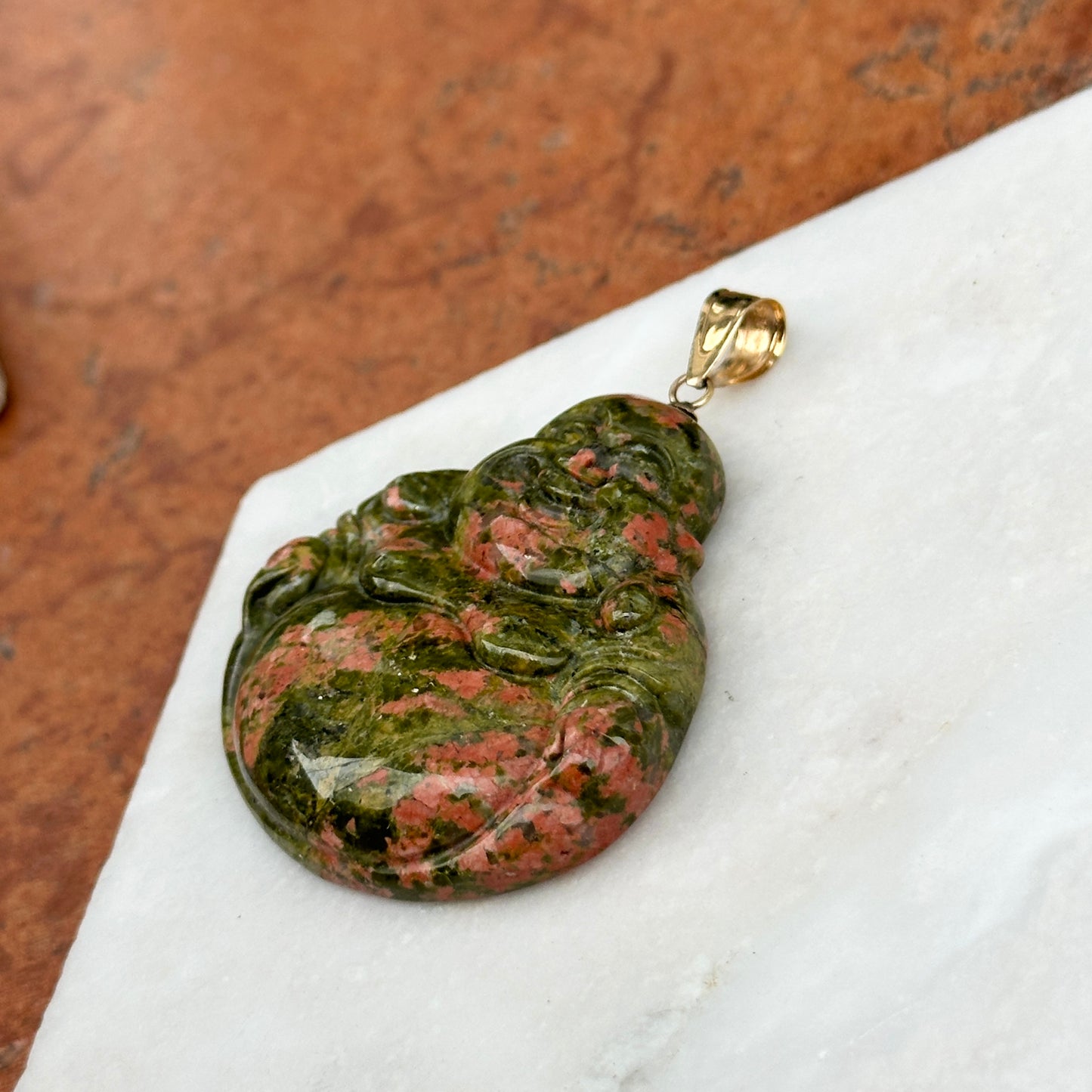 14KT Yellow Gold Carved Genuine Unakite Agate Buddha Pendant 40mm - LSJ