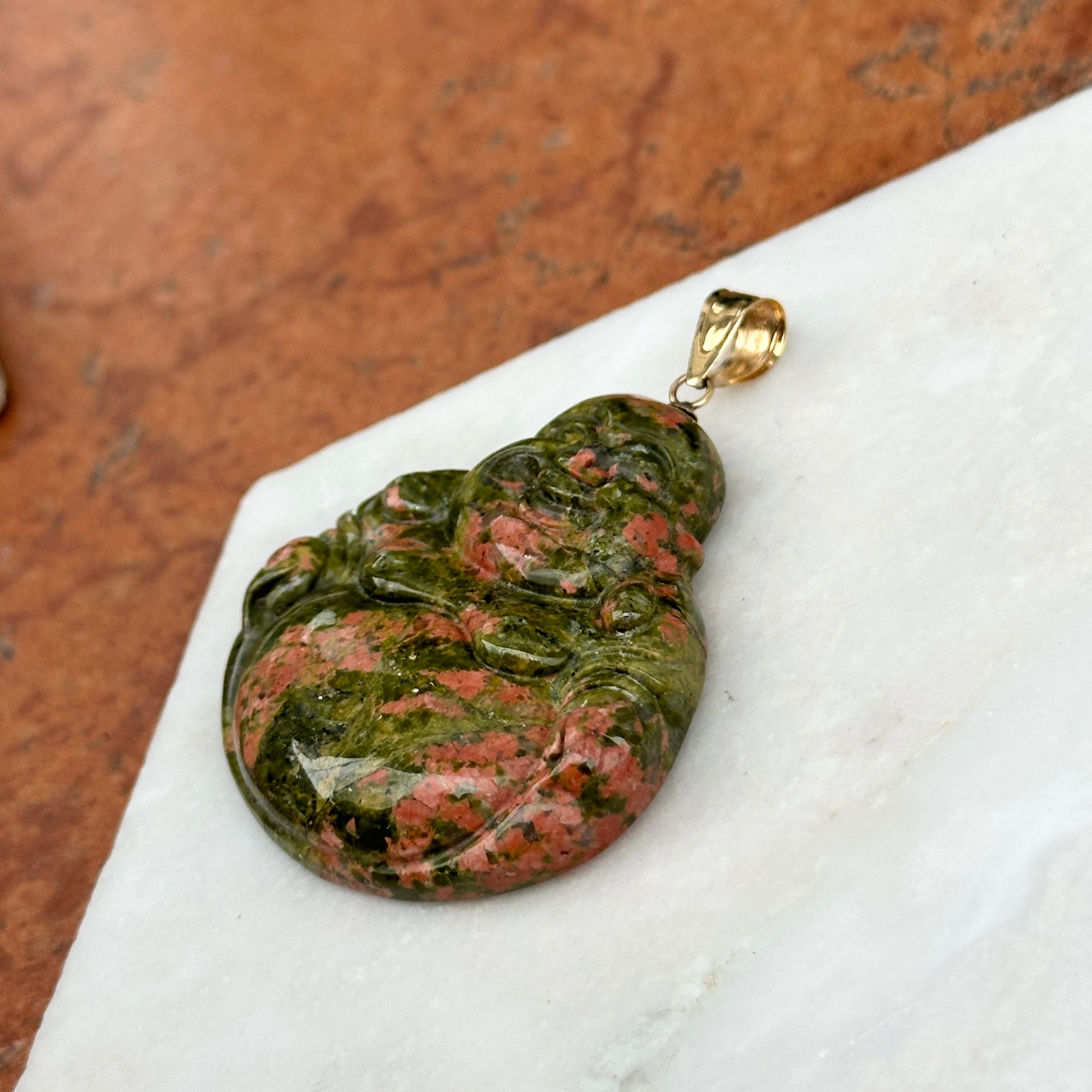 14KT Yellow Gold Carved Genuine Unakite Agate Buddha Pendant 40mm - LSJ