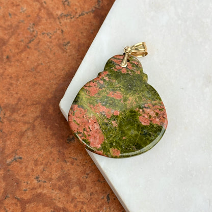14KT Yellow Gold Carved Genuine Unakite Agate Buddha Pendant 40mm - LSJ