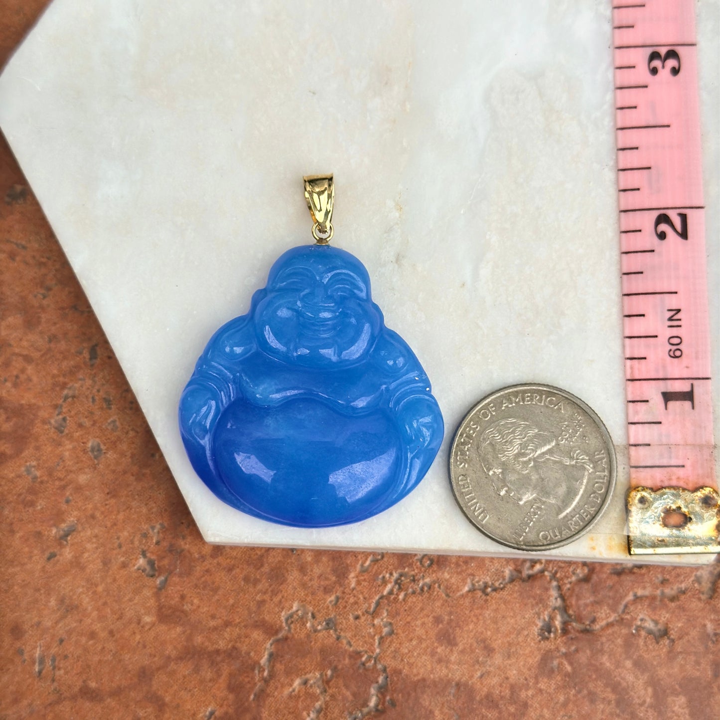 14KT Yellow Gold Carved Genuine Blue Jade Buddha Pendant 40mm - LSJ