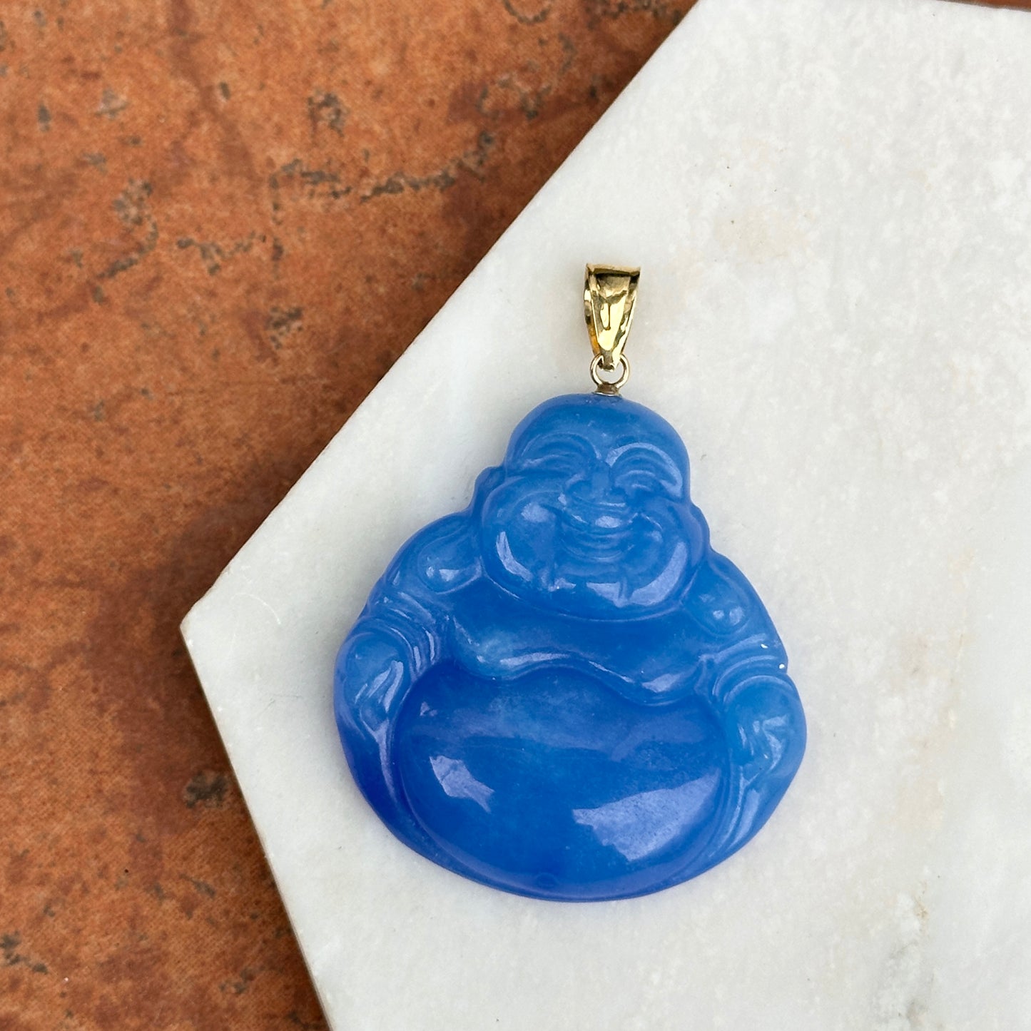 14KT Yellow Gold Carved Genuine Blue Jade Buddha Pendant 40mm - LSJ