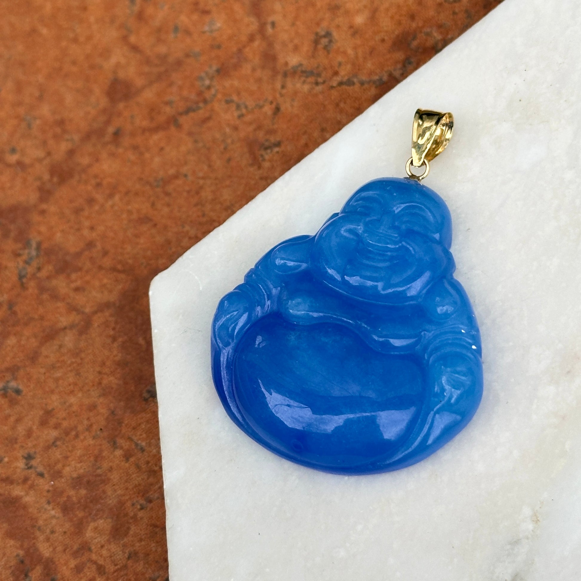 14KT Yellow Gold Carved Genuine Blue Jade Buddha Pendant 40mm - LSJ