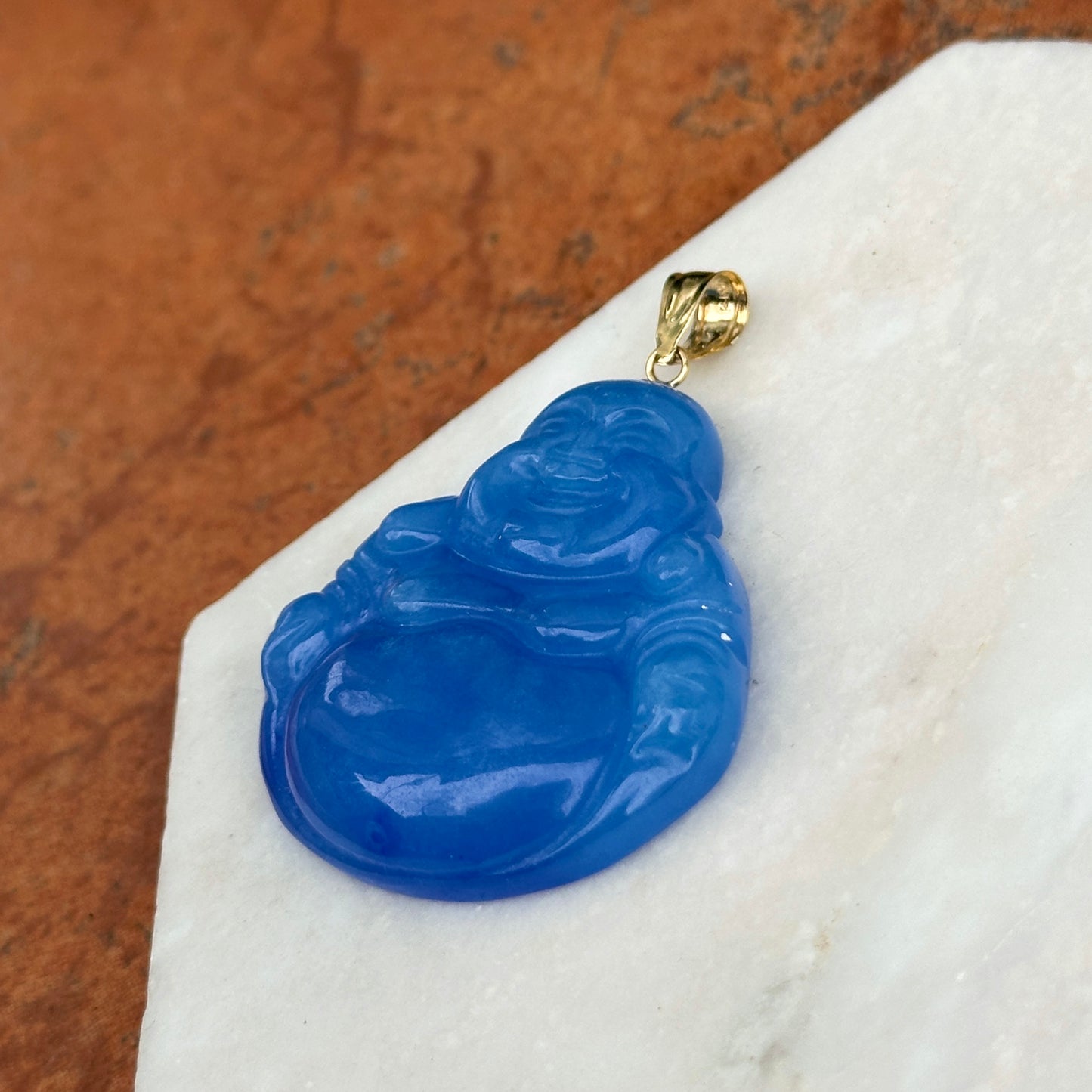 14KT Yellow Gold Carved Genuine Blue Jade Buddha Pendant 40mm - LSJ
