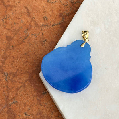 14KT Yellow Gold Carved Genuine Blue Jade Buddha Pendant 40mm - LSJ
