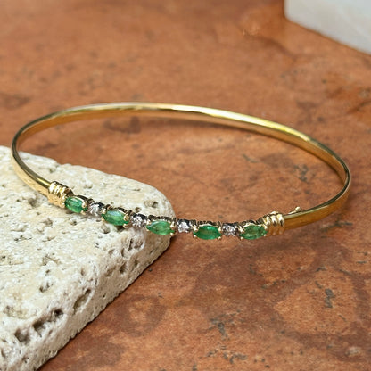 Estate 14KT Yellow Gold Marquise Emerald + Diamond Bangle Bracelet