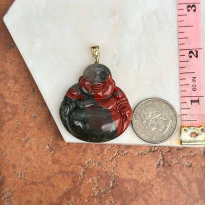 14KT Yellow Gold Carved Genuine Bloodstone Buddha Pendant 40mm