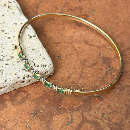 Estate 14KT Yellow Gold Marquise Emerald + Diamond Bangle Bracelet