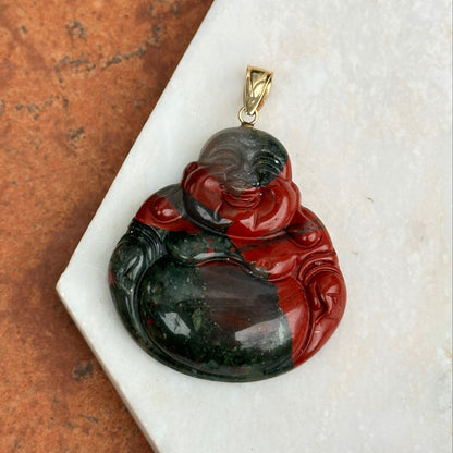 14KT Yellow Gold Carved Genuine Bloodstone Buddha Pendant 40mm