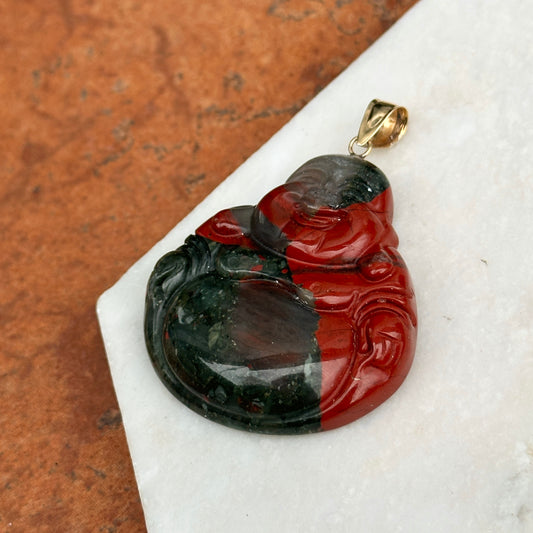 14KT Yellow Gold Carved Genuine Bloodstone Buddha Pendant 40mm