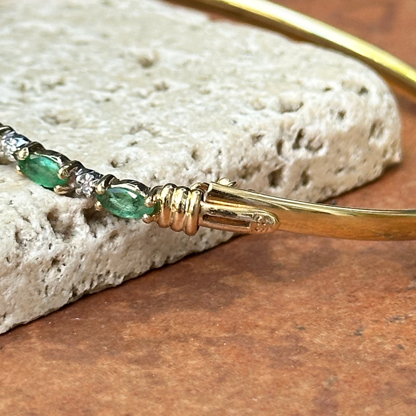 Estate 14KT Yellow Gold Marquise Emerald + Diamond Bangle Bracelet