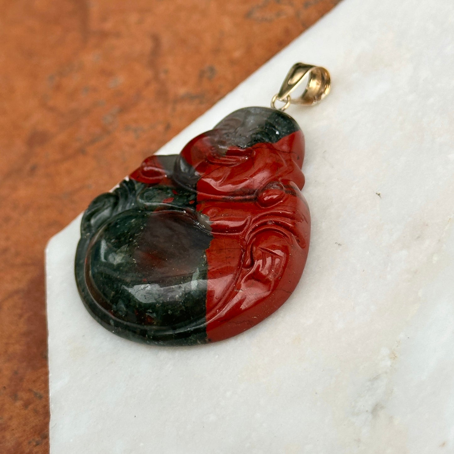 14KT Yellow Gold Carved Genuine Bloodstone Buddha Pendant 40mm