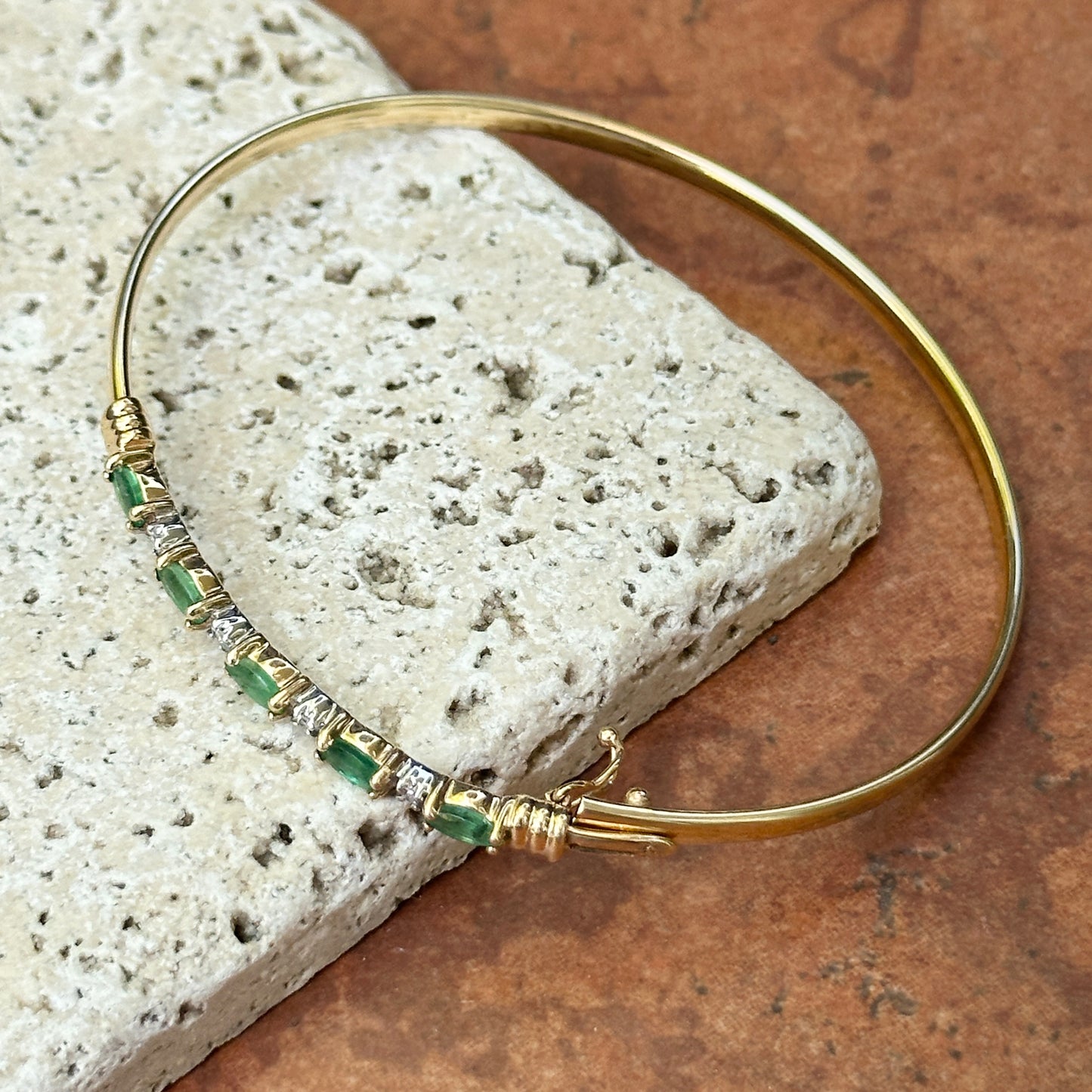 Estate 14KT Yellow Gold Marquise Emerald + Diamond Bangle Bracelet