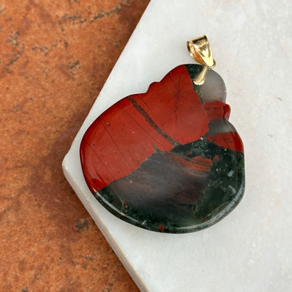 14KT Yellow Gold Carved Genuine Bloodstone Buddha Pendant 40mm