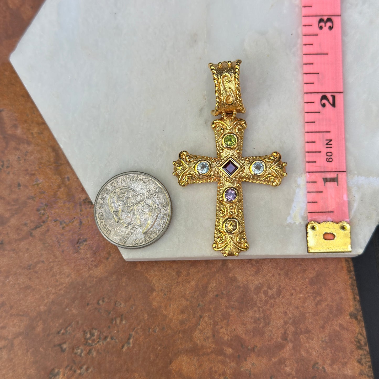 Vintage Estate Yellow Gold Plated Silver Byzantine Gemstone Cross Pendant