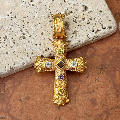 Vintage Estate Yellow Gold Plated Silver Byzantine Gemstone Cross Pendant