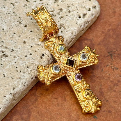 Vintage Estate Yellow Gold Plated Silver Byzantine Gemstone Cross Pendant