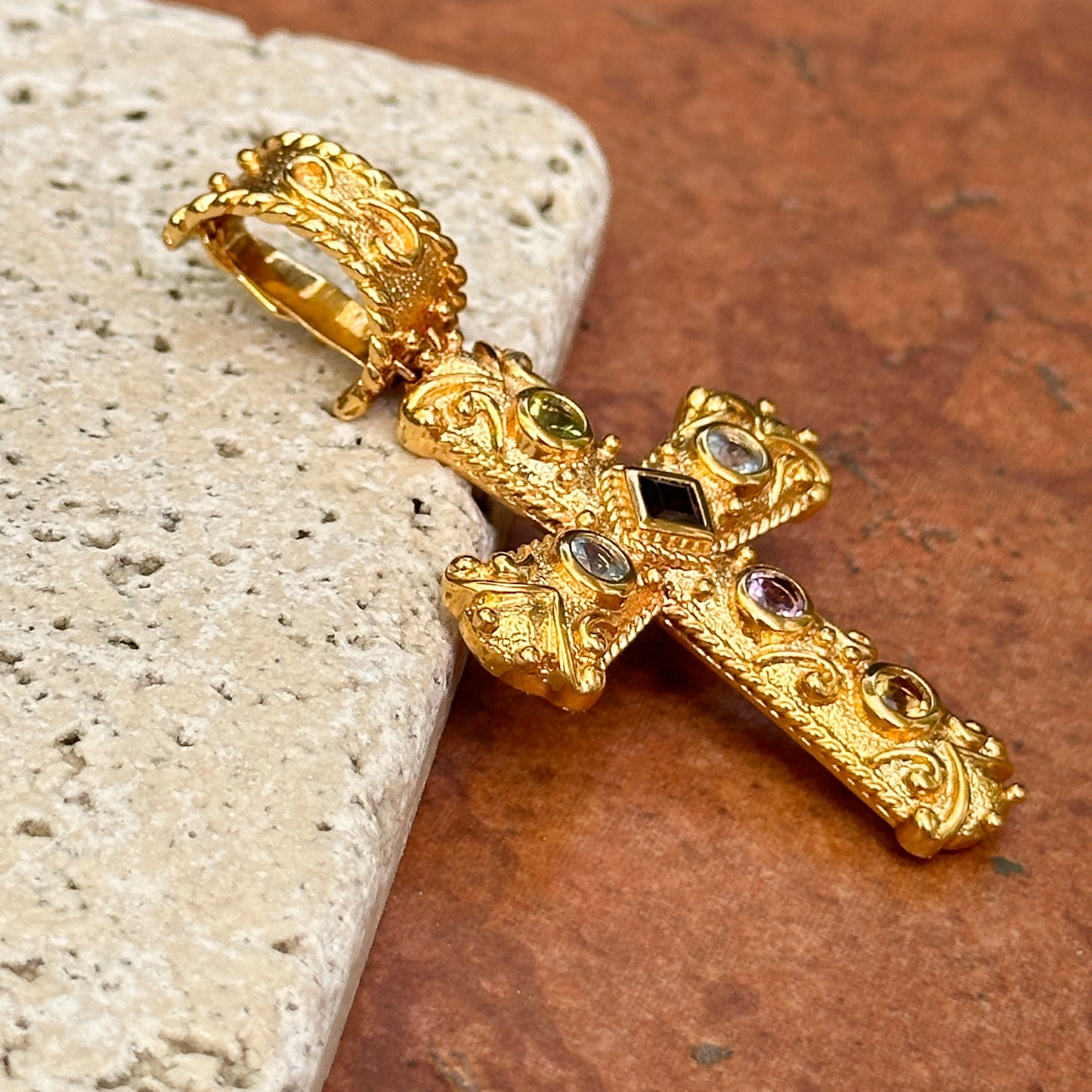 Vintage Estate Yellow Gold Plated Silver Byzantine Gemstone Cross Pendant