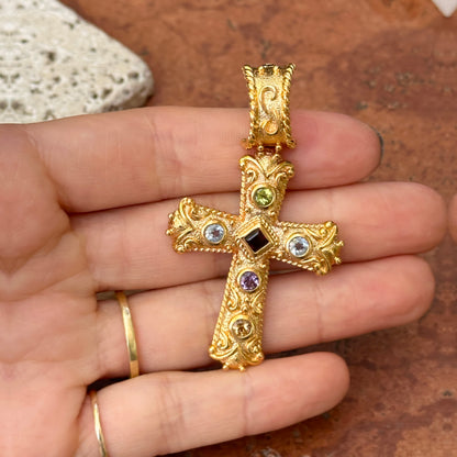 Vintage Estate Yellow Gold Plated Silver Byzantine Gemstone Cross Pendant