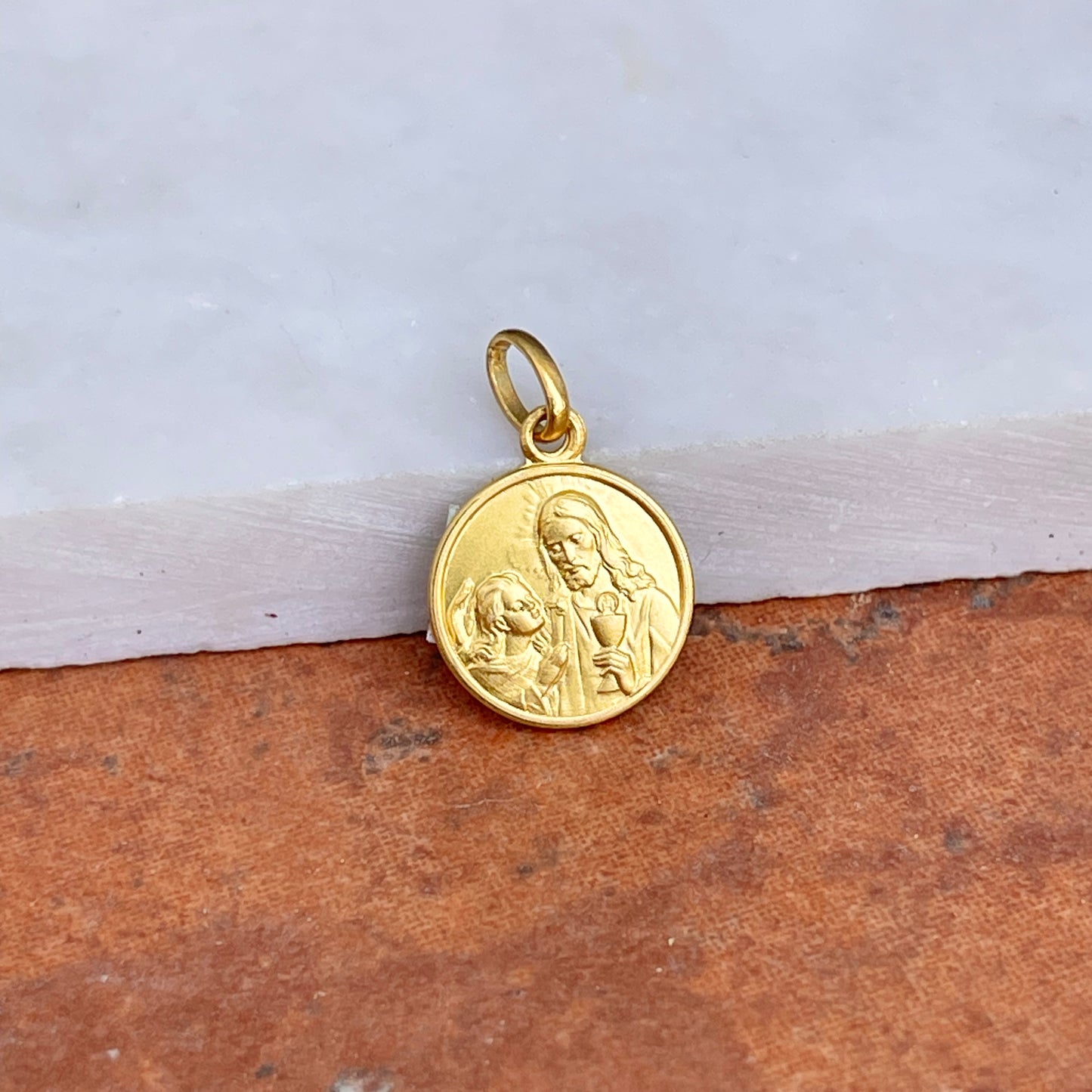 18KT Yellow Gold Matte Communion Medal Pendant 12mm
