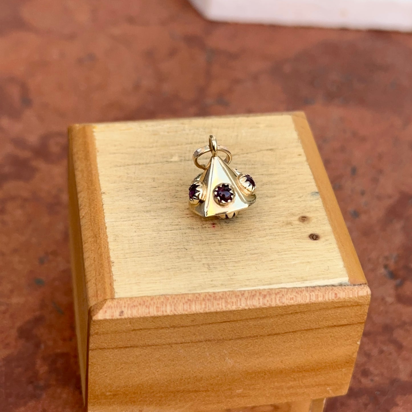 14KT Yellow Gold Byzantine Garnet Triangle Drop Pendant Charm