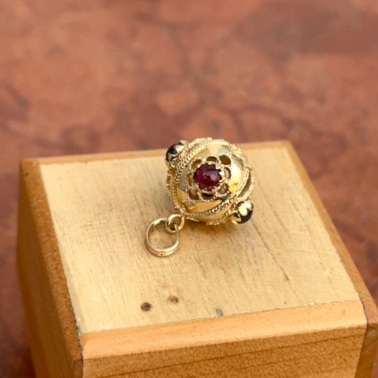 14KT Yellow Gold Round Filigree Garnet Ball Pendant Charm