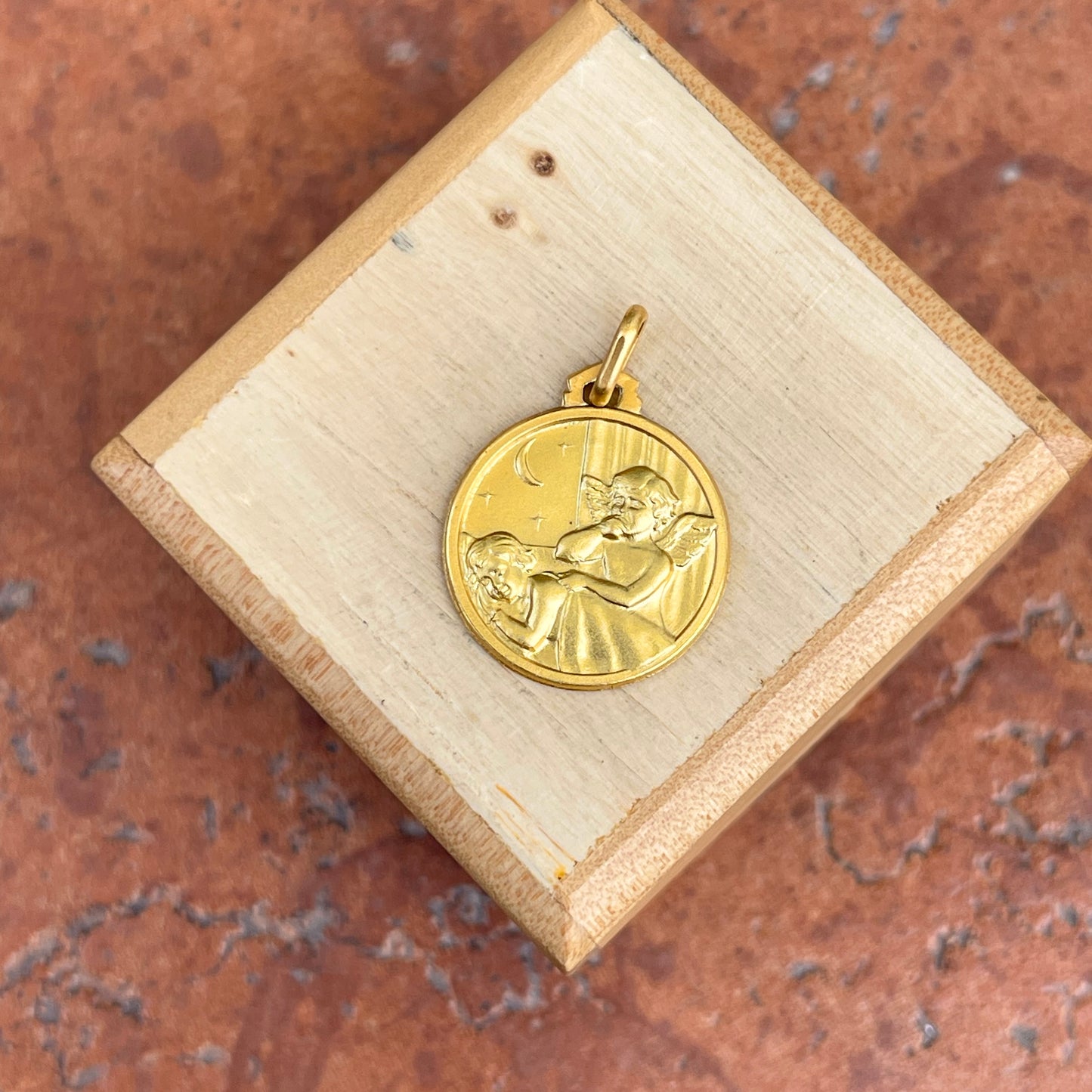 14KT Yellow Gold Matte Guardian Angel Medal Pendant 18mm