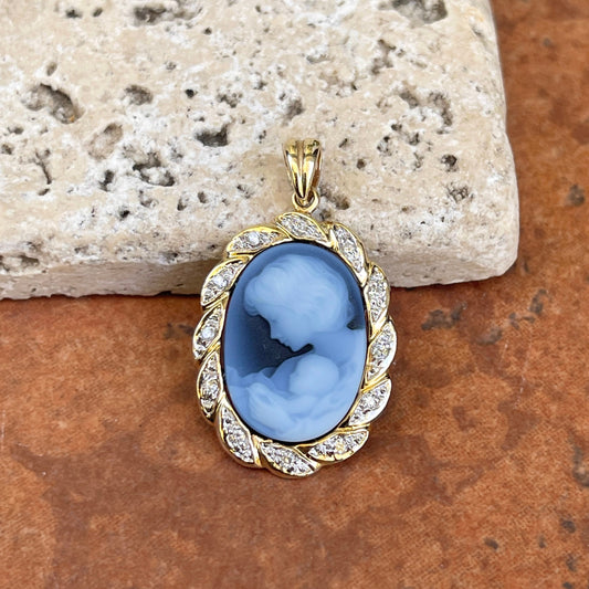 14KT Yellow Gold Mother + Baby Child Blue Cameo Diamond Frame Oval Pendant