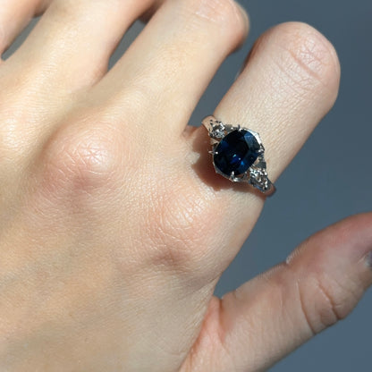 Estate Platinum Oval Blue Sapphire + Diamond Art Deco Ring