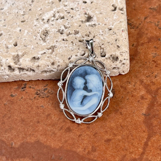 14KT White Gold Mother & Baby Blue Framed Diamond Cameo Oval Pendant