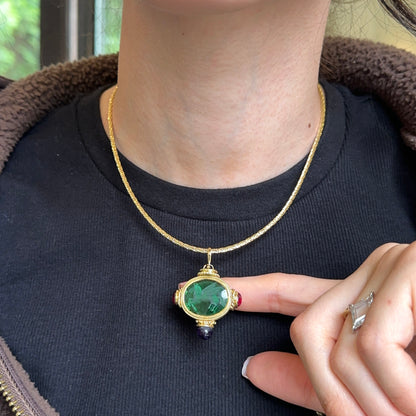 Estate 18KT Yellow Gold Venetian Glass Pegasus + Amethyst and Garnet Double Sided Pendant