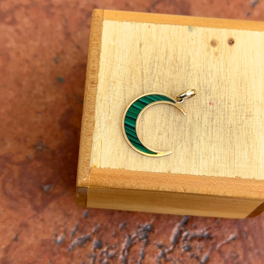 14KT Yellow Gold Malachite Inlayed Crescent Moon Pendant Charm