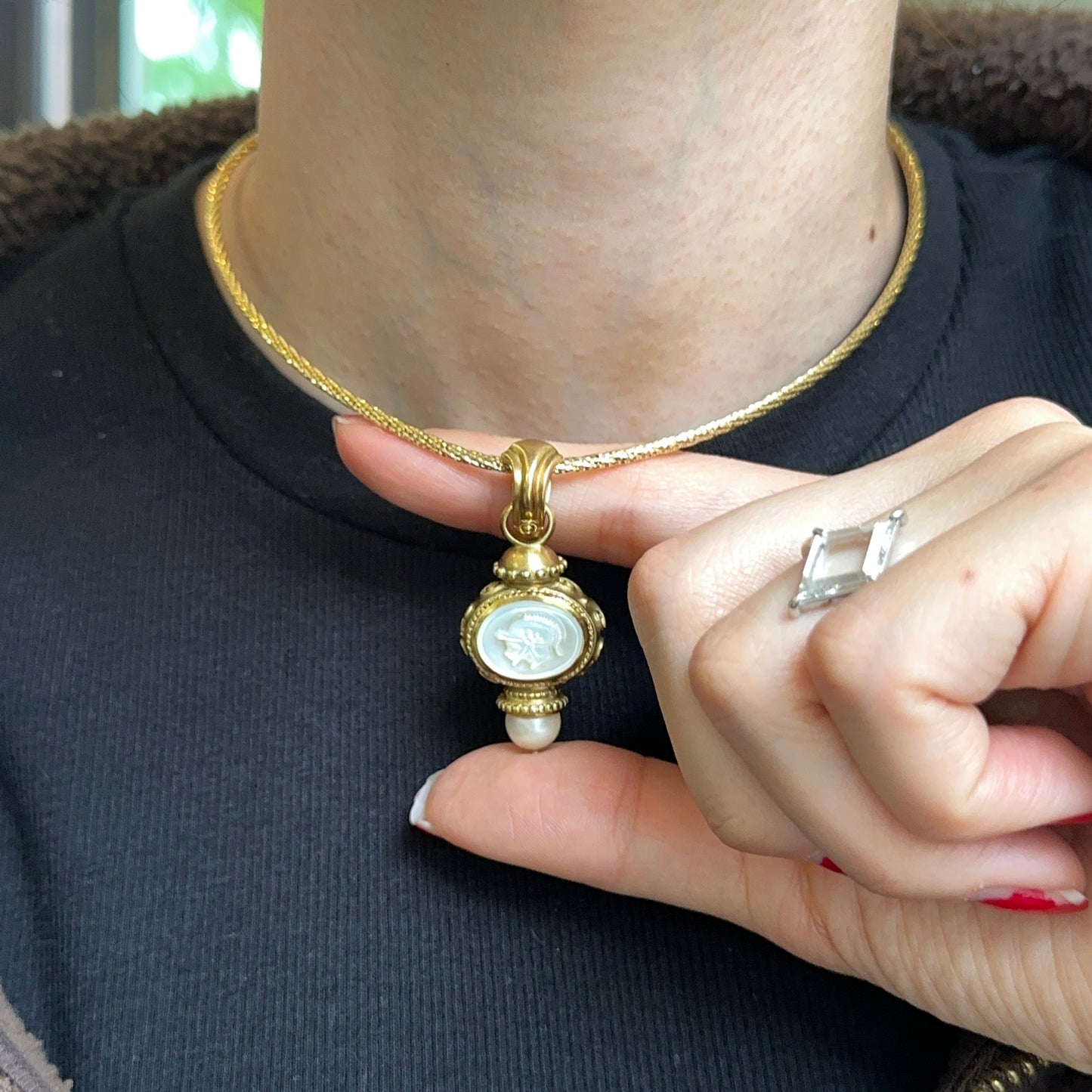 Estate 18KT Yellow Gold Carved Mother of Pearl Intaglio Pendant Enhancer