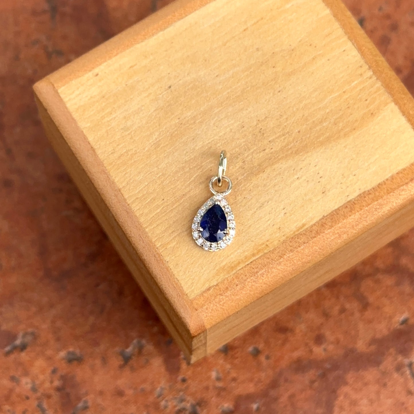 14KT Yellow Gold Pear Blue Sapphire + Diamond Halo Pendant Charm