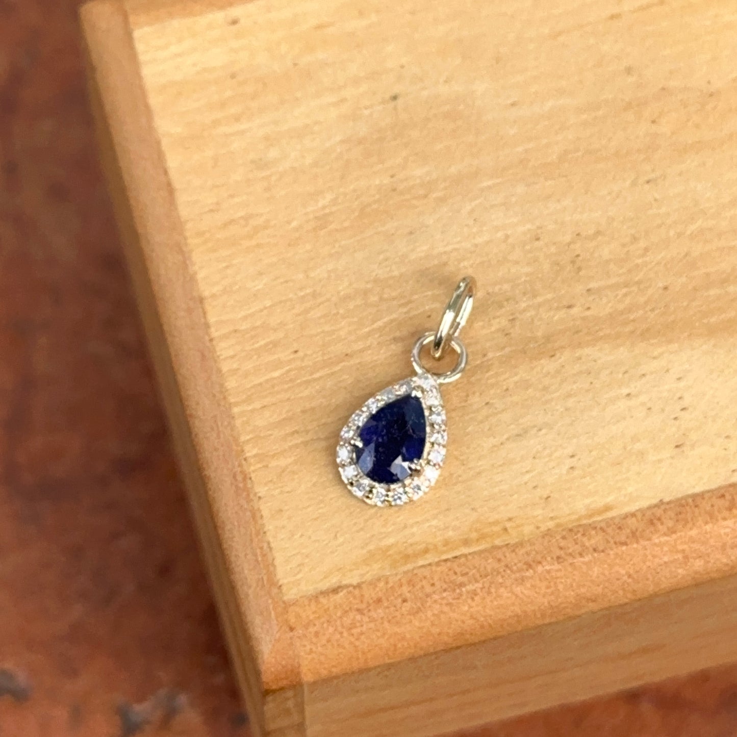 14KT Yellow Gold Pear Blue Sapphire + Diamond Halo Pendant Charm