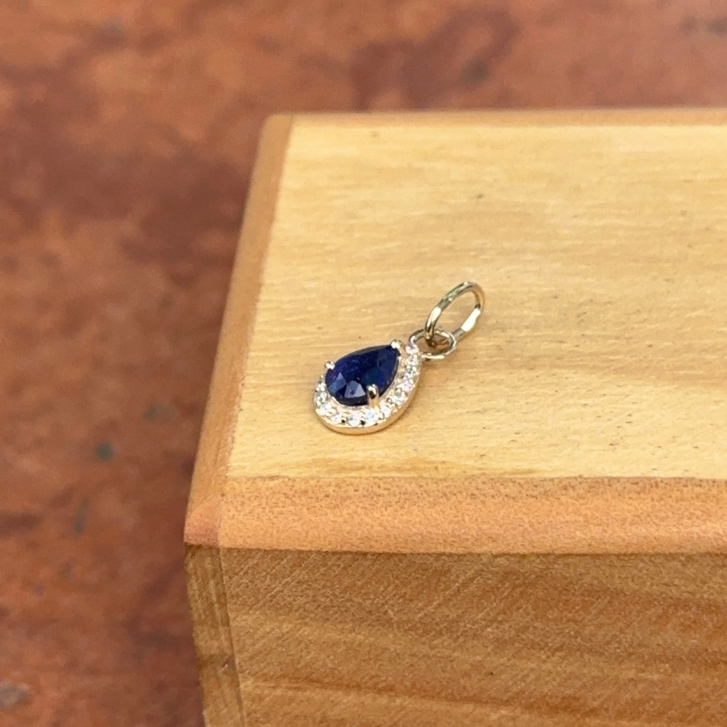 14KT Yellow Gold Pear Blue Sapphire + Diamond Halo Pendant Charm