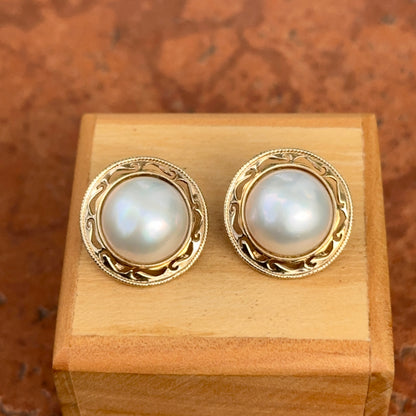 Estate 14KT Yellow Gold Filigree Mabe White Pearl Omega Clip-On Back Earrings