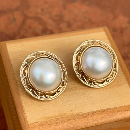 Estate 14KT Yellow Gold Filigree Mabe White Pearl Omega Clip-On Back Earrings